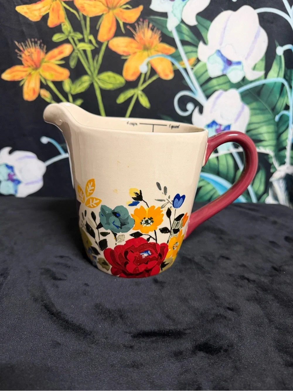 The Pioneer Woman Cream Floral Ceramic measuring cup with Red Handle